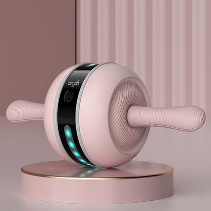 Pink Ab Wheel with LED Light & USB Charging, auto rep counter, teal glow.