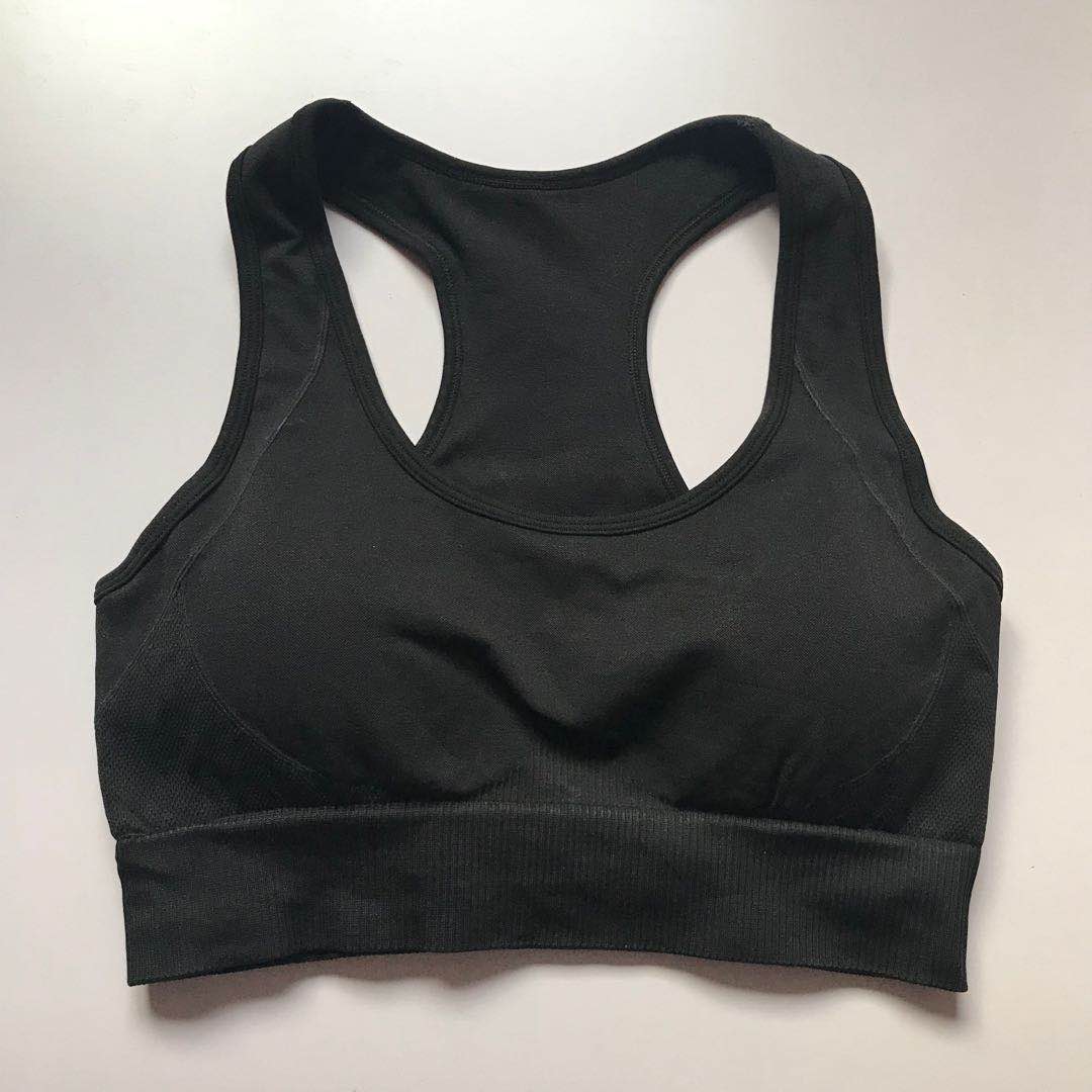 Black racerback sports bra with wide elastic band, from Women's Athletic Set.