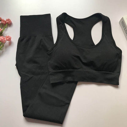 Black women's athletic set with a sporty bra and high-waisted leggings.