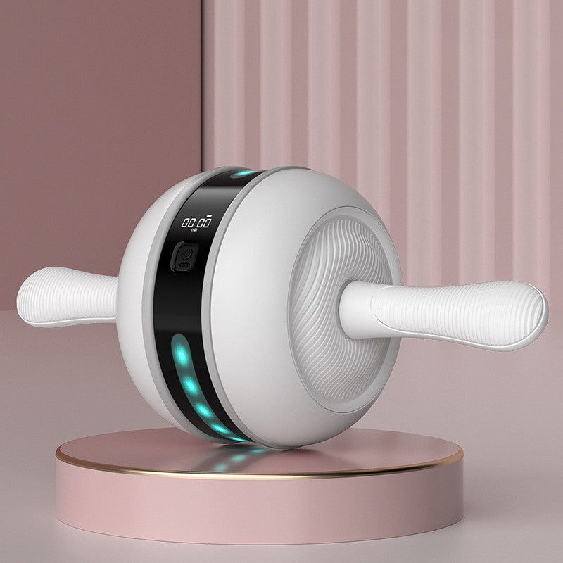 Ab Wheel with LED Light & USB Charging: white wheel, teal LED ring, handles, built-in rep counter.