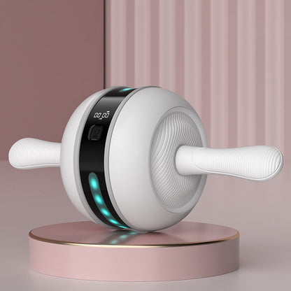 Ab Wheel with LED Light & USB Charging: white wheel, teal LED ring, handles, built-in rep counter.