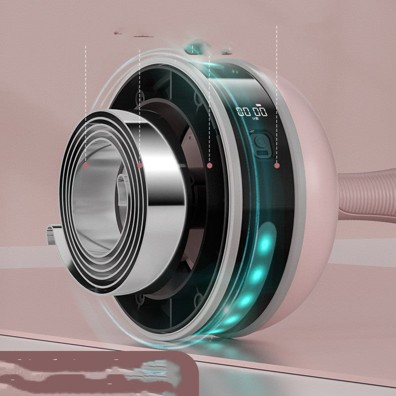 Ab Wheel with LED ring, digital display, pink housing, USB charging, and auto rep counting.