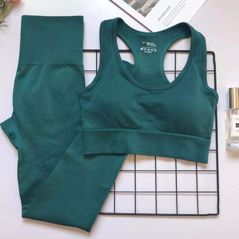 Teal women's athletic bra and high-waist pants set for comfortable, confident workouts.
