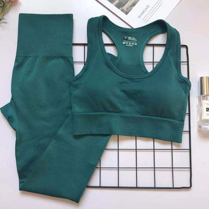Teal women's athletic bra and high-waist pants set for comfortable, confident workouts.