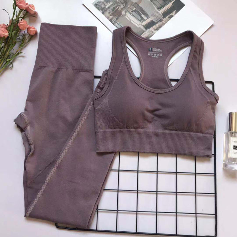 Women's athletic set featuring mauve bra and high-waisted leggings in soft fabric.