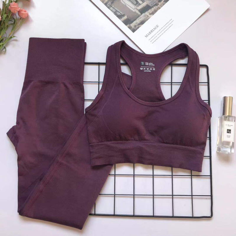 Women's athletic bra and high-waist pants set in burgundy; comfortable, sculpting, breathable for workouts.